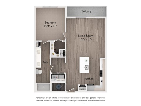 Floor plan for 1 bed, 1 bath, 833 sqft